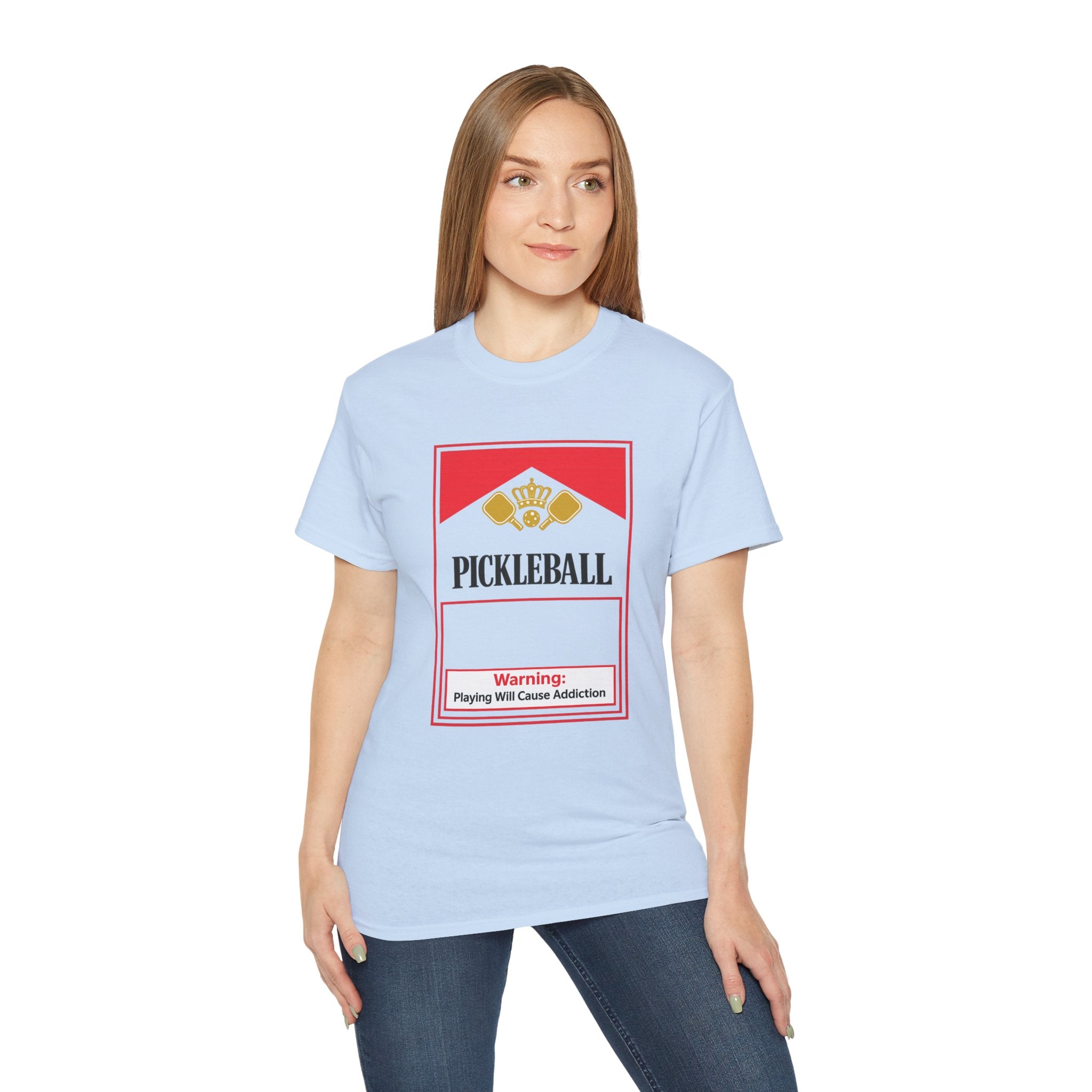 Pickleball Warning T‑Shirt — 'Pickleball: Playing Will Cause Addiction' Cotton Tee