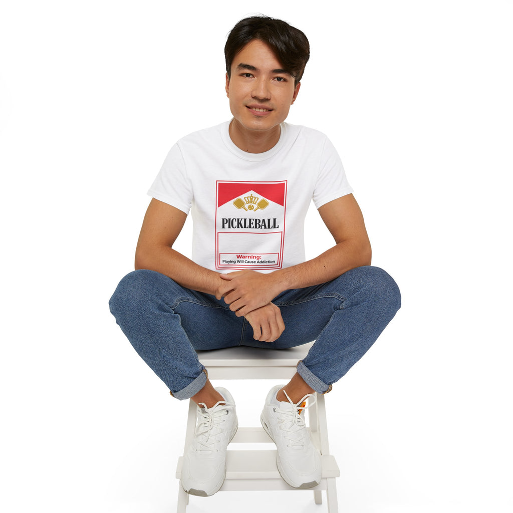 Pickleball Warning T‑Shirt — 'Pickleball: Playing Will Cause Addiction' Cotton Tee