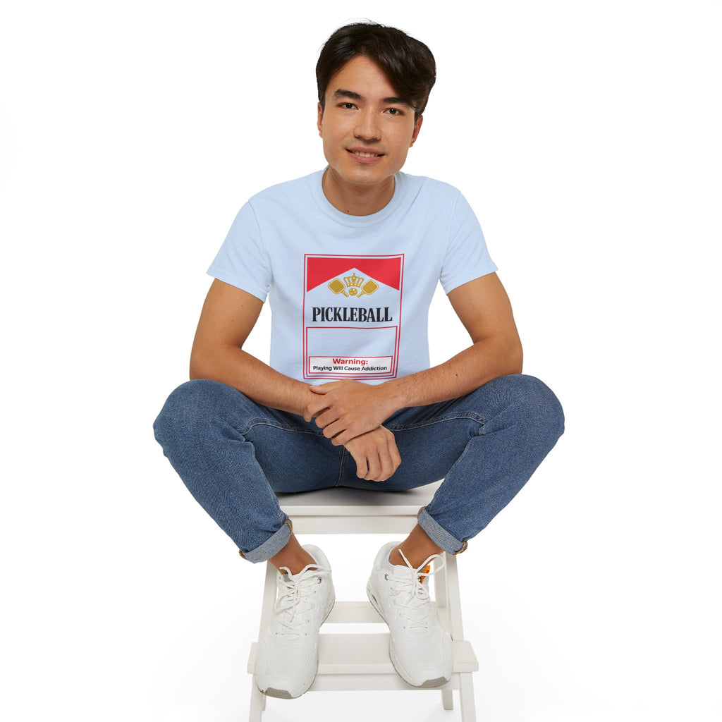 Pickleball Warning T‑Shirt — 'Pickleball: Playing Will Cause Addiction' Cotton Tee