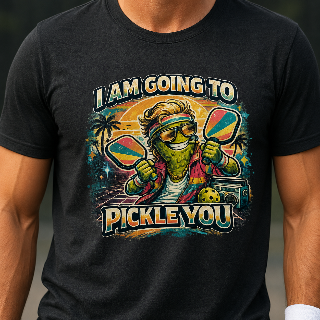 I Am Going To Pickle You Tee — Funny Pickleball Character Graphic T-Shirt