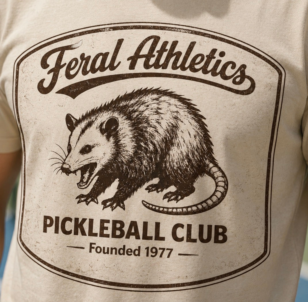 Pickleball Club Tee — "Feral Athletics" Vintage Possum Design