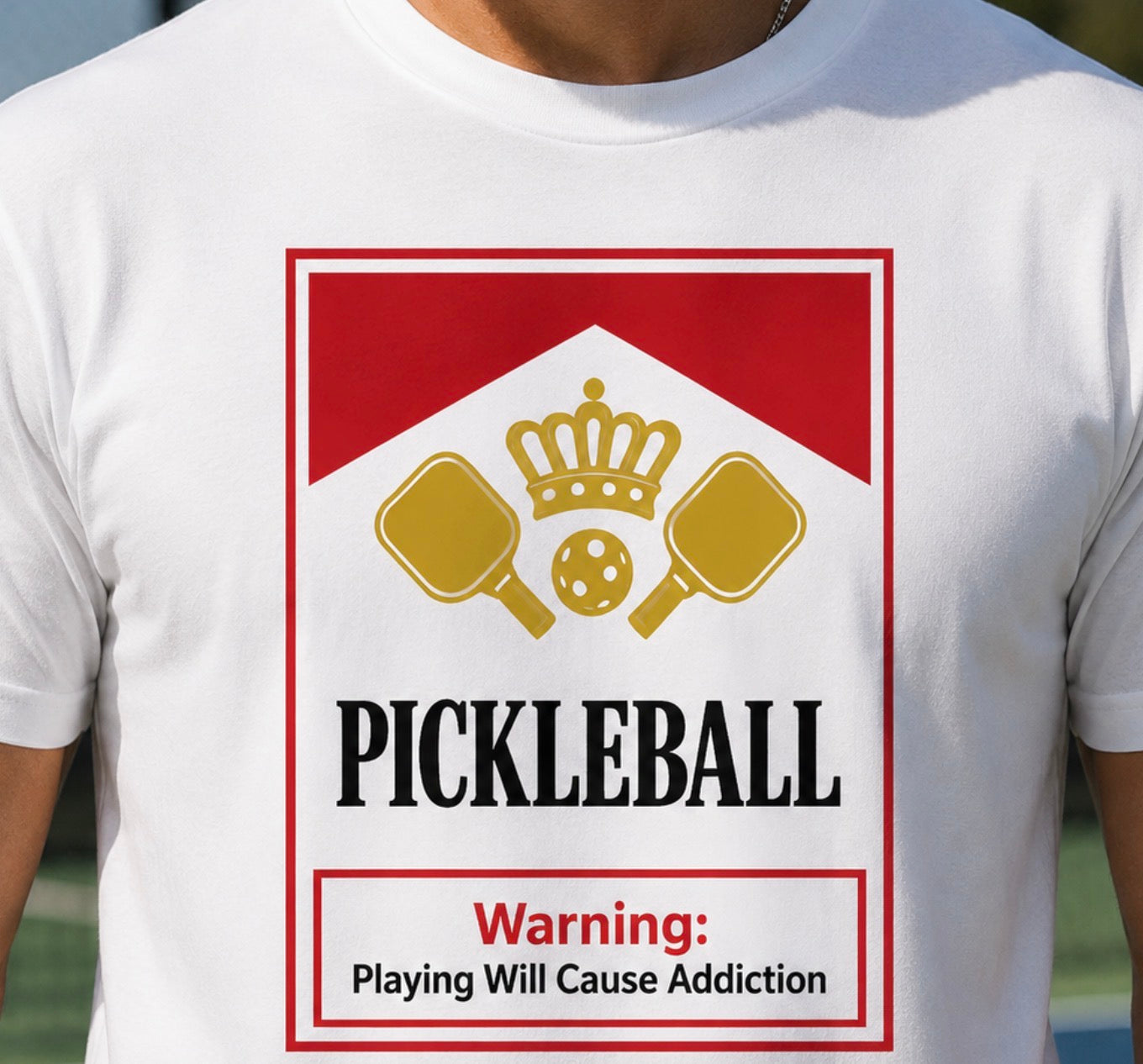 Pickleball Warning T‑Shirt — 'Pickleball: Playing Will Cause Addiction' Cotton Tee