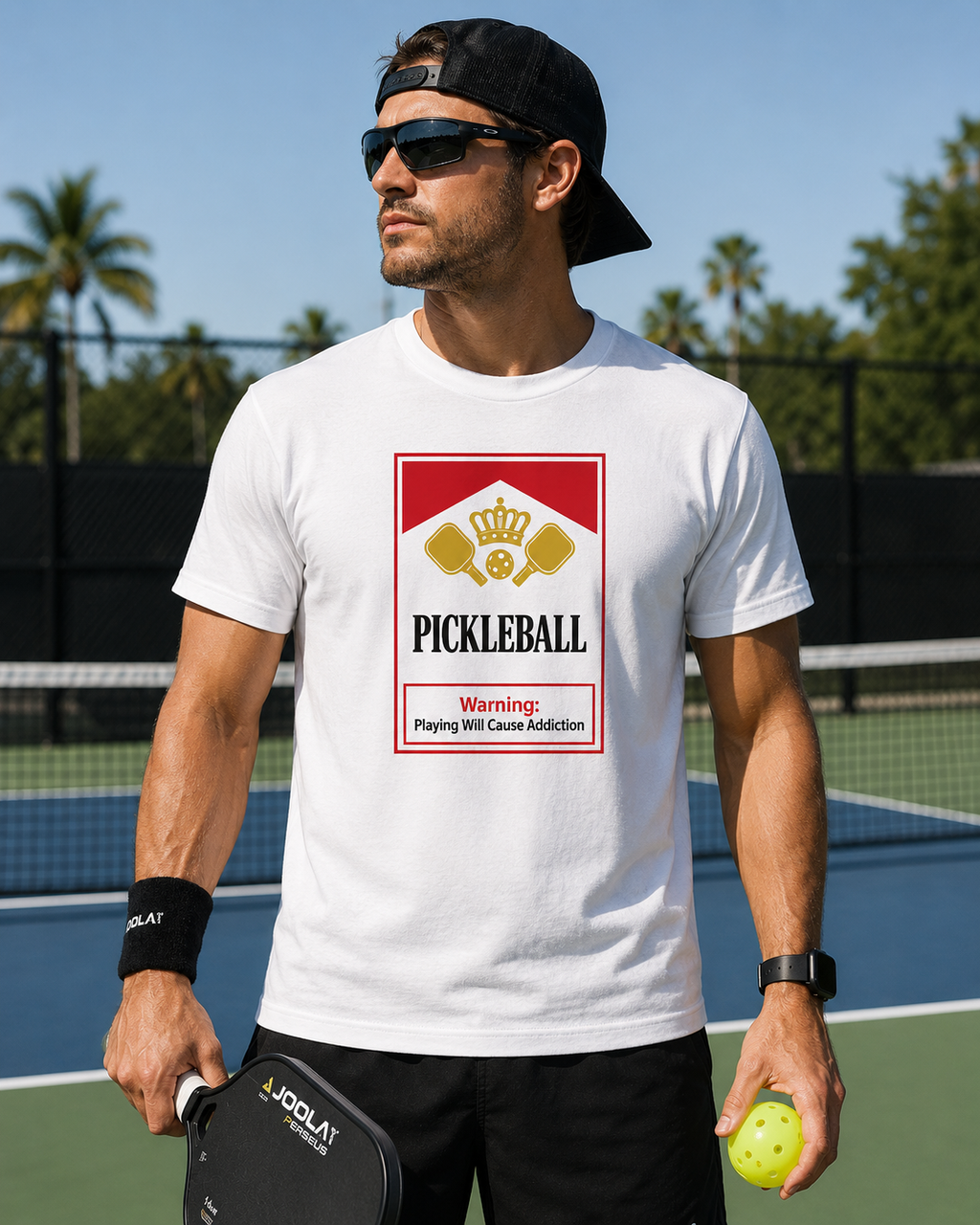 Pickleball Warning T‑Shirt — 'Pickleball: Playing Will Cause Addiction' Cotton Tee