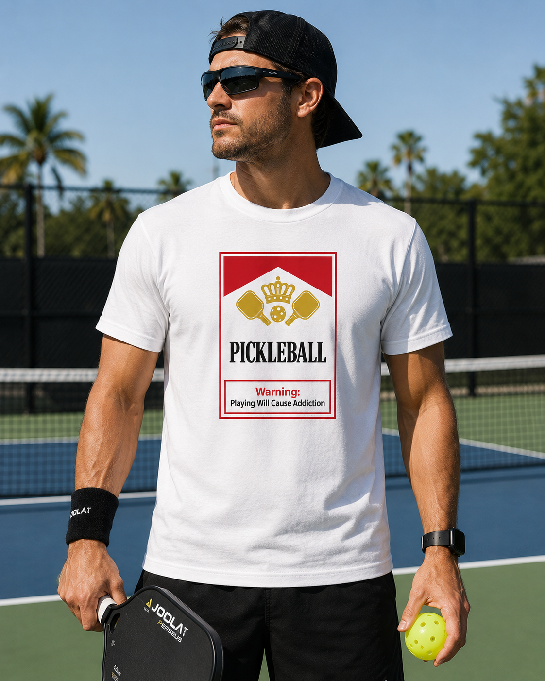 Pickleball Warning T‑Shirt — 'Pickleball: Playing Will Cause Addiction' Cotton Tee
