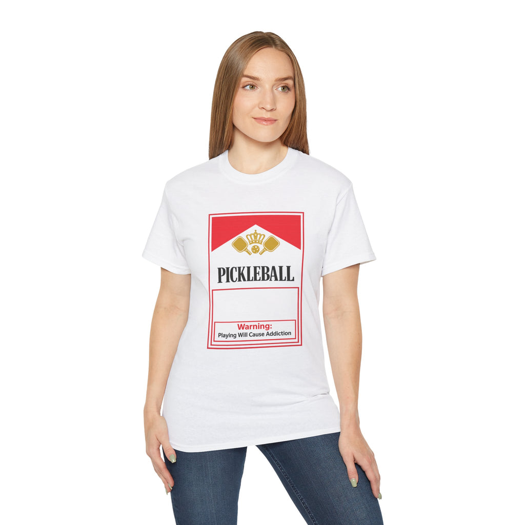 Pickleball Warning T‑Shirt — 'Pickleball: Playing Will Cause Addiction' Cotton Tee