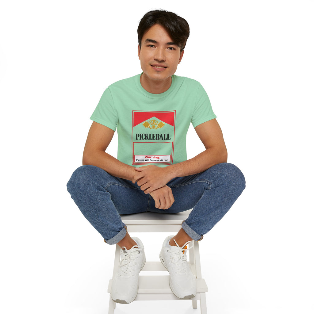 Pickleball Warning T‑Shirt — 'Pickleball: Playing Will Cause Addiction' Cotton Tee
