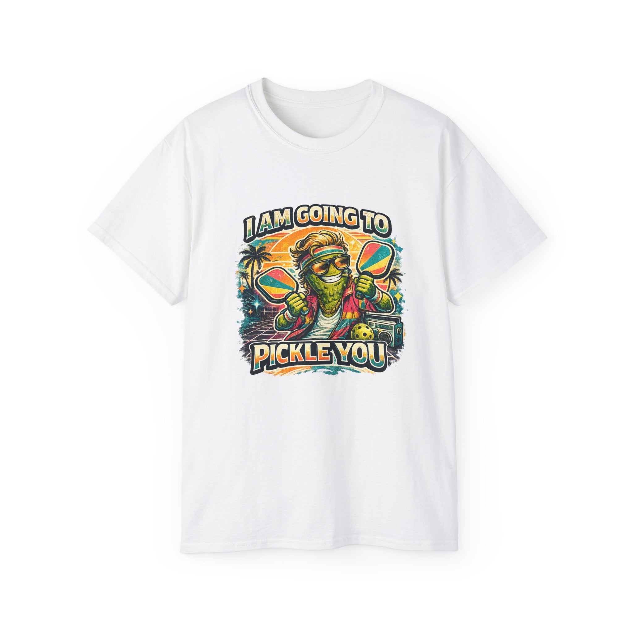 I Am Going To Pickle You Tee — Funny Pickleball Character Graphic T-Shirt